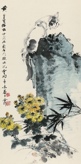 <h2>猫竹石花</h2><p>作者：黄胄 田世光</p><p>创作年代：1991年</p><p>规格：135cm×67cm</p><p>品类：中国画</p>